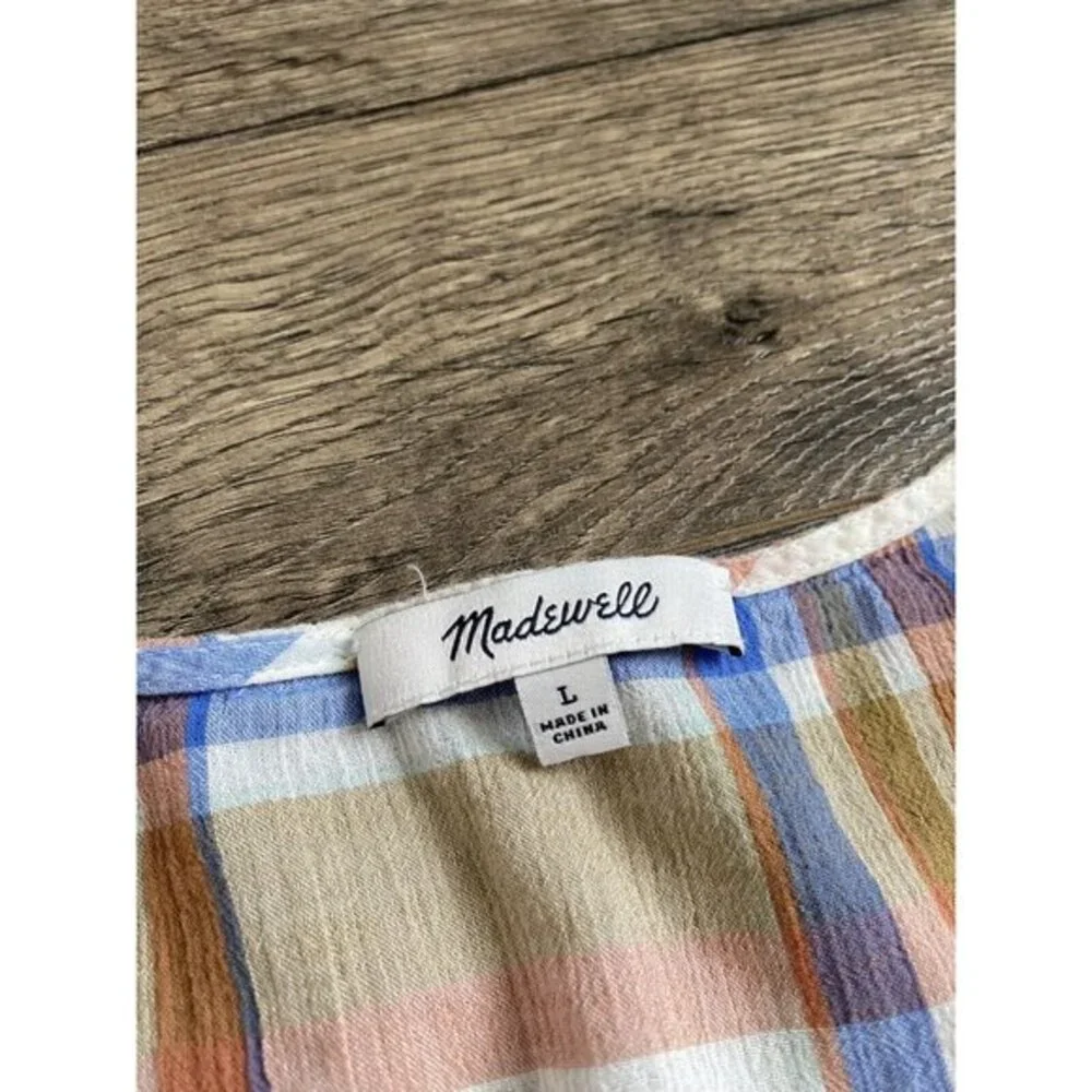 EUC Womens Madewell V‎ Neck Shoulder Ruffle Top In Plaid Short Sleeve Size L